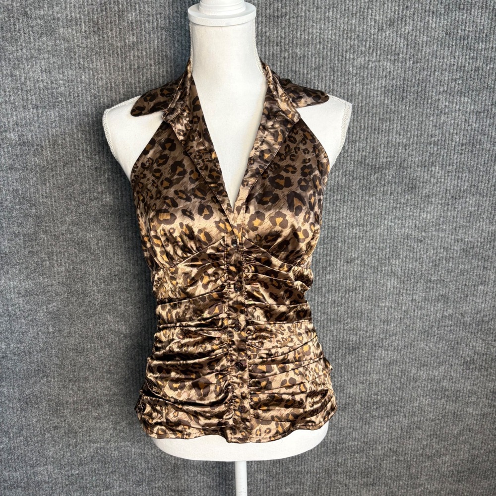 Guess Jeans Leopard Satin Halter Top Womens L Ruched Button Front Y2K 2000s
